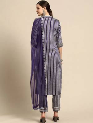 women striped regular thread work kurta with trousers & with dupatta 7