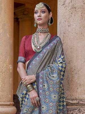 Blue ajrak printed banarasi saree 3
