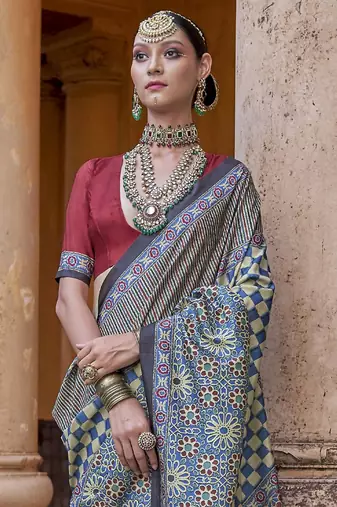Blue ajrak printed banarasi saree