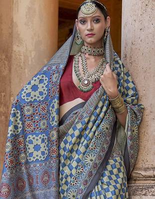 Blue ajrak printed banarasi saree 4