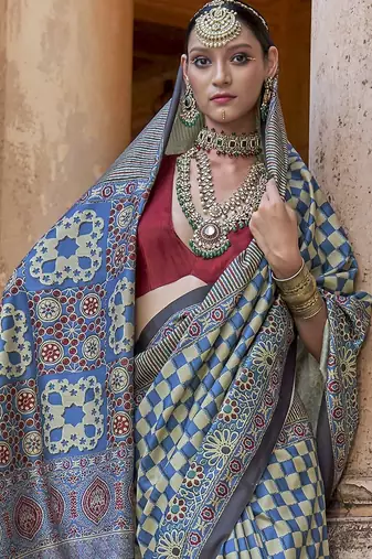 Blue ajrak printed banarasi saree