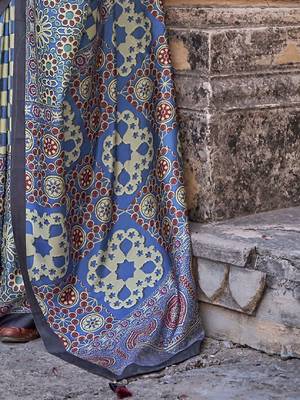 Blue ajrak printed banarasi saree 5