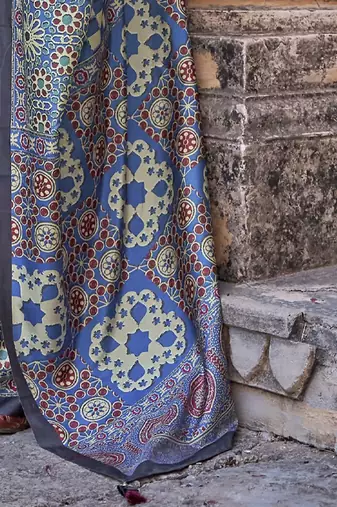 Blue ajrak printed banarasi saree