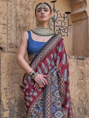 Maroon ajrak block silk blend banarasi saree 1