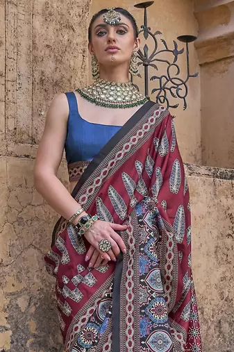Maroon ajrak block silk blend banarasi saree
