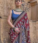 Maroon ajrak block silk blend banarasi saree