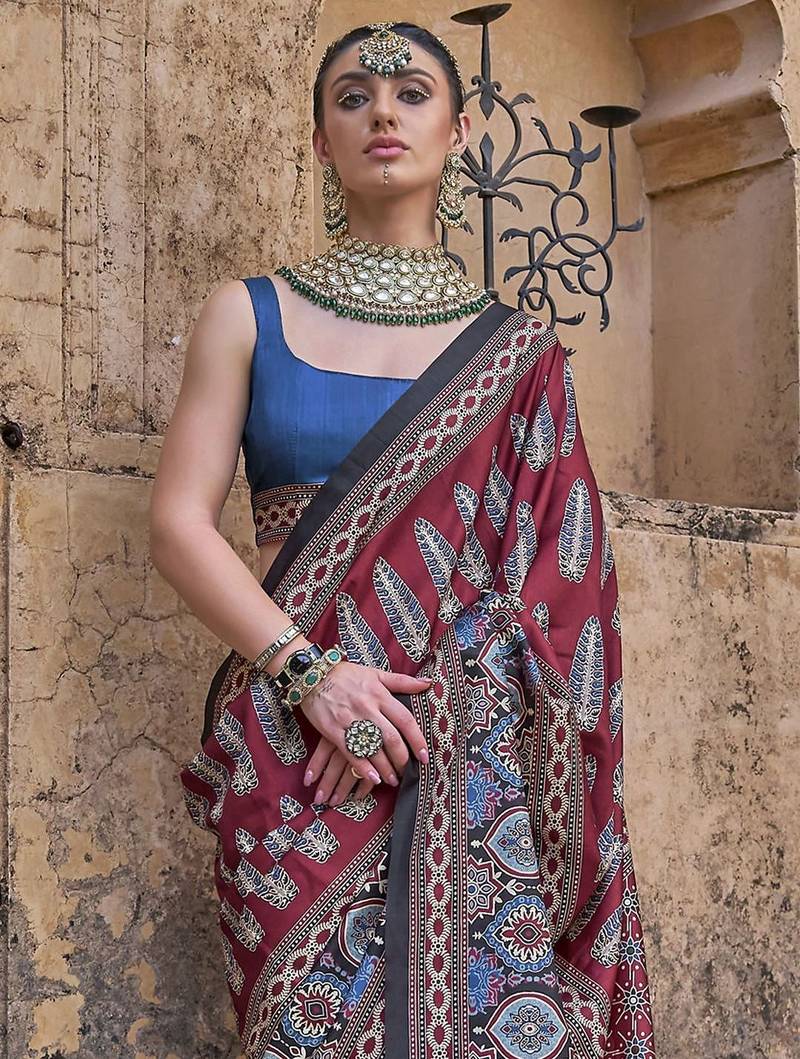 Maroon ajrak block silk blend banarasi saree