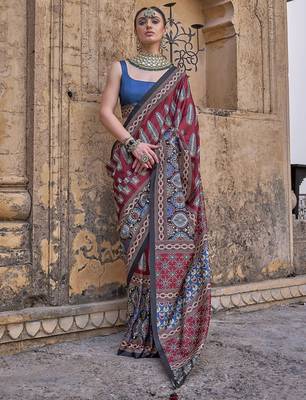 Maroon ajrak block silk blend banarasi saree 2