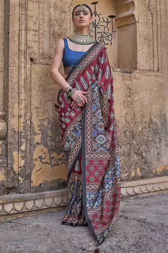 Maroon ajrak block silk blend banarasi saree