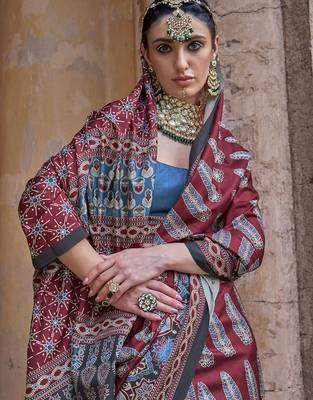 Maroon ajrak block silk blend banarasi saree 3