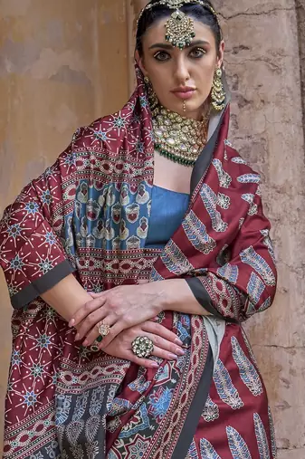 Maroon ajrak block silk blend banarasi saree
