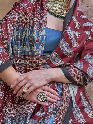 Maroon ajrak block silk blend banarasi saree 4