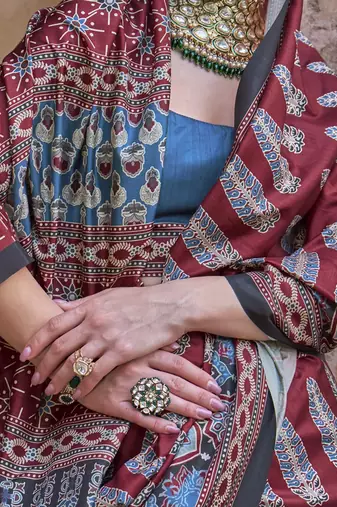Maroon ajrak block silk blend banarasi saree