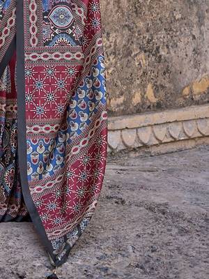 Maroon ajrak block silk blend banarasi saree 5