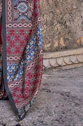 Maroon ajrak block silk blend banarasi saree