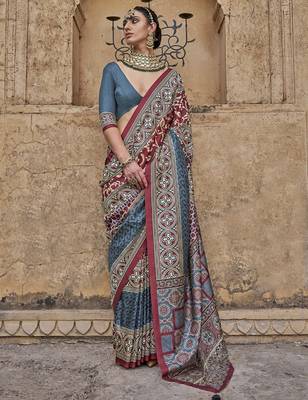 Maroon ajrak block banarasi saree 1