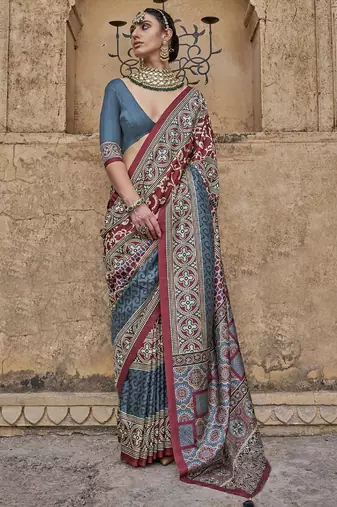 Maroon ajrak block banarasi saree
