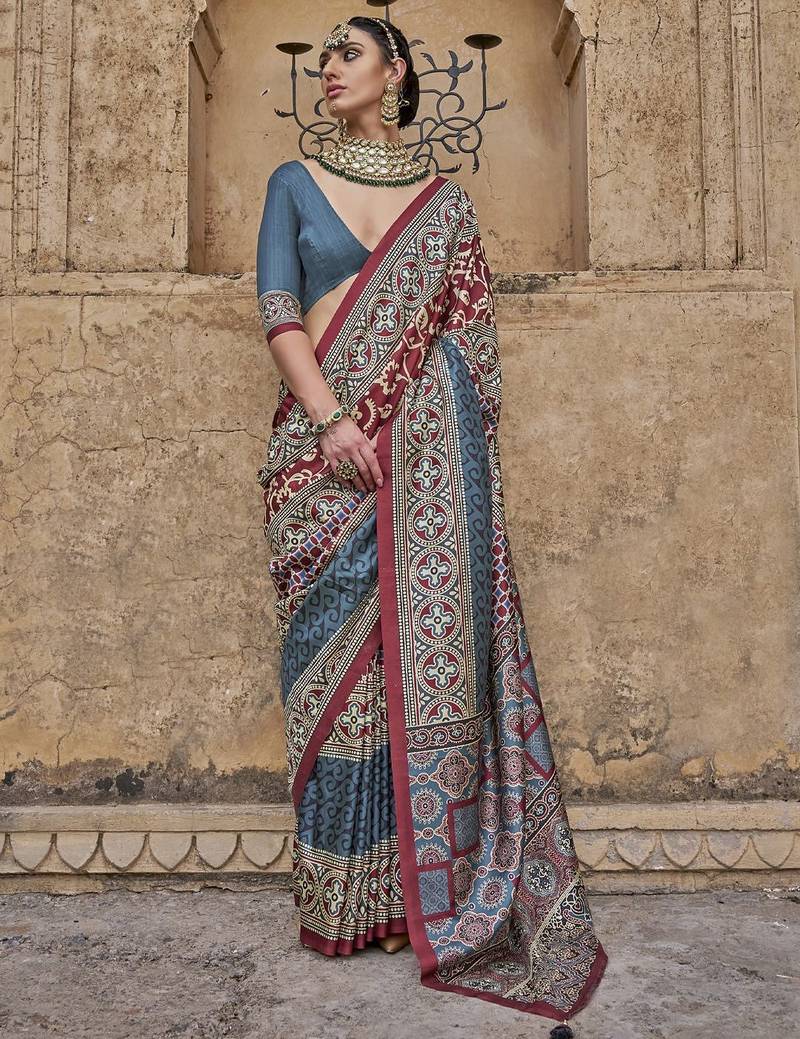 Maroon ajrak block banarasi saree