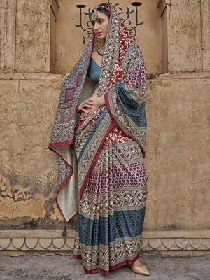 Maroon ajrak block banarasi saree 2