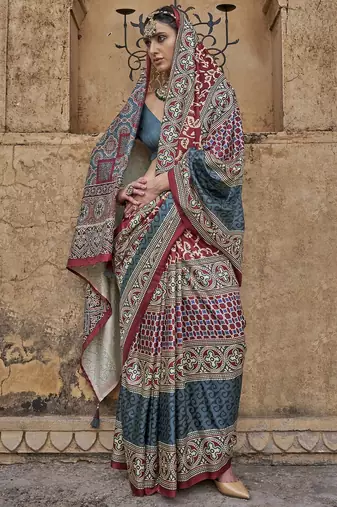 Maroon ajrak block banarasi saree