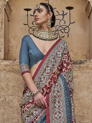Maroon ajrak block banarasi saree 3