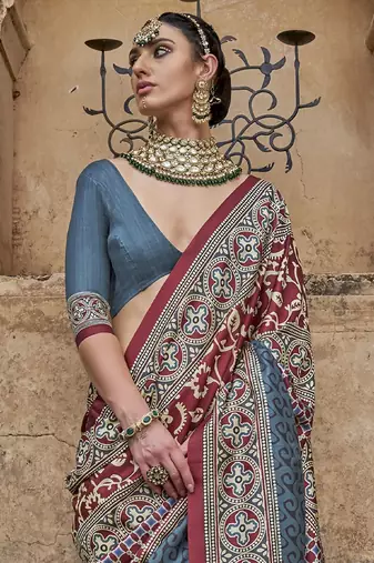 Maroon ajrak block banarasi saree