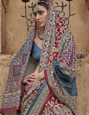 Maroon ajrak block banarasi saree 4