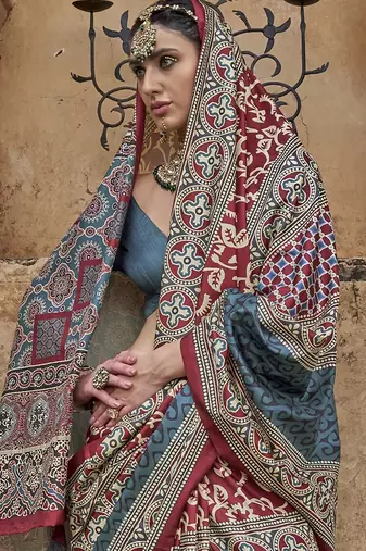 Maroon ajrak block banarasi saree