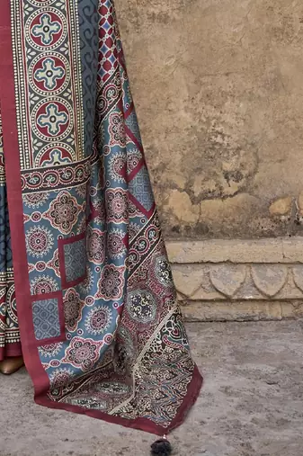 Maroon ajrak block banarasi saree