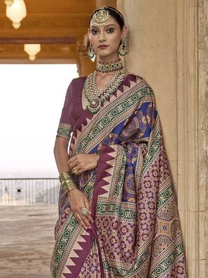 Magenta ajrak block printed banarasi saree 1