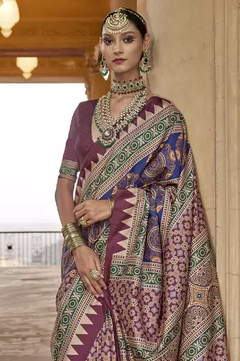 Magenta ajrak block printed banarasi saree