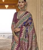 Magenta ajrak block printed banarasi saree