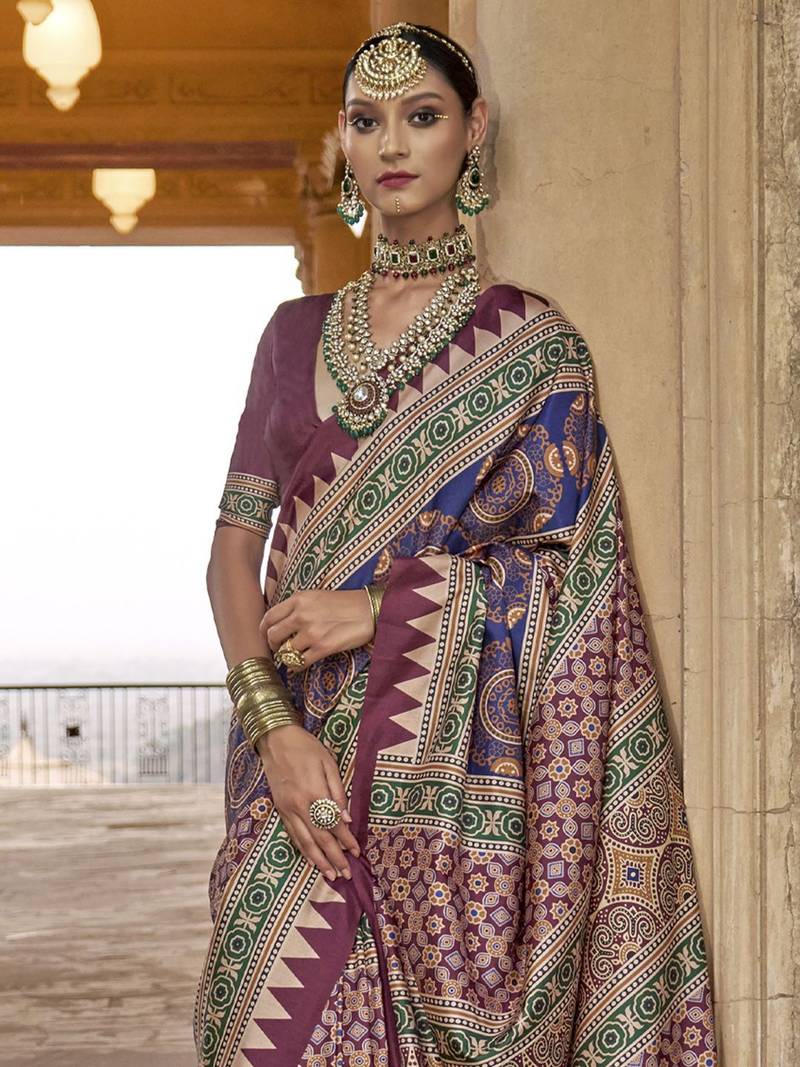 Magenta ajrak block printed banarasi saree