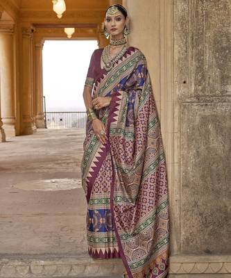 Magenta ajrak block printed banarasi saree 2