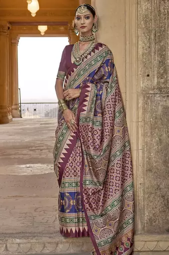 Magenta ajrak block printed banarasi saree
