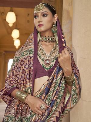 Magenta ajrak block printed banarasi saree 4