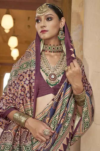 Magenta ajrak block printed banarasi saree