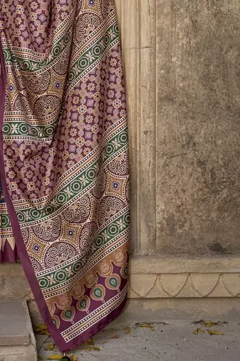 Magenta ajrak block printed banarasi saree