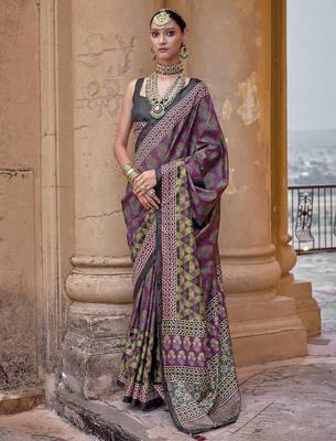 Purple ajrak block printed banarasi saree 1