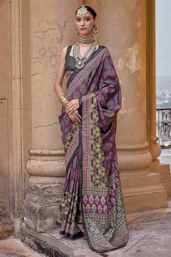 Purple ajrak block printed banarasi saree