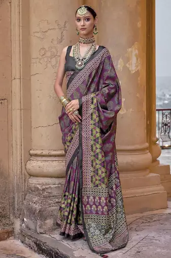 Purple ajrak block printed banarasi saree