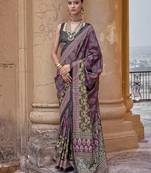 Purple ajrak block printed banarasi saree
