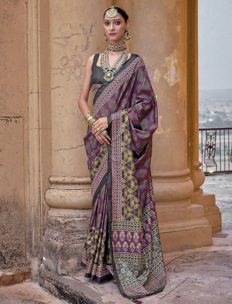 Purple ajrak block printed banarasi saree