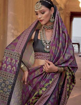 Purple ajrak block printed banarasi saree 2