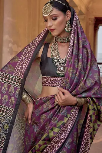 Purple ajrak block printed banarasi saree