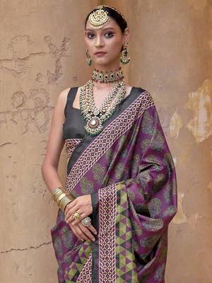 Purple ajrak block printed banarasi saree 3
