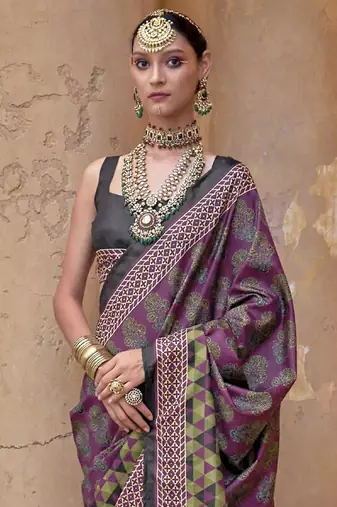 Purple ajrak block printed banarasi saree
