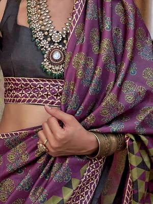 Purple ajrak block printed banarasi saree 4