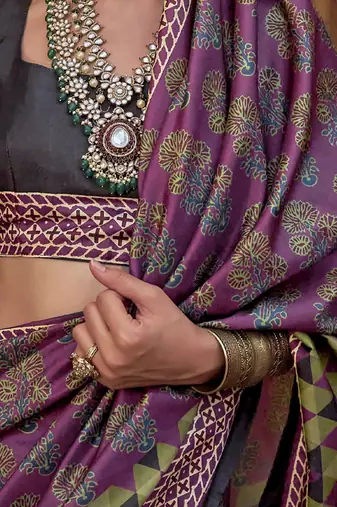 Purple ajrak block printed banarasi saree
