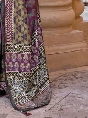 Purple ajrak block printed banarasi saree 5